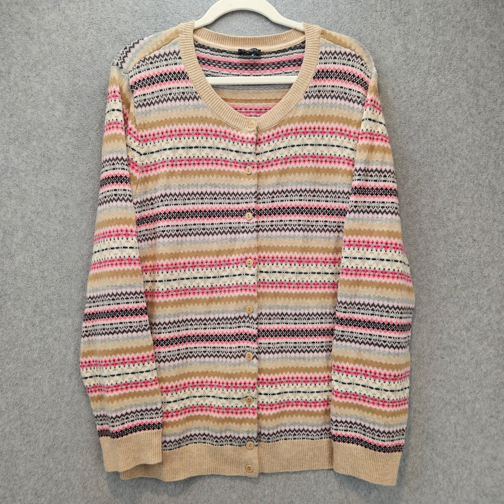 TALBOTS Cardigan Women XL Tan Fair Isle Lambswool Knit Button Front Sweater SEO